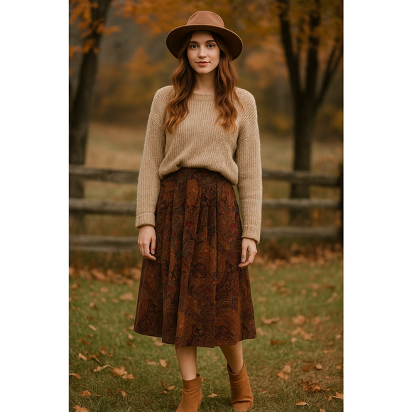 Orvis Dresses & Skirts - Orvis Autumn Floral Paisley Pleated Skirt Tapestry Bohemian Earth Tones Size 6